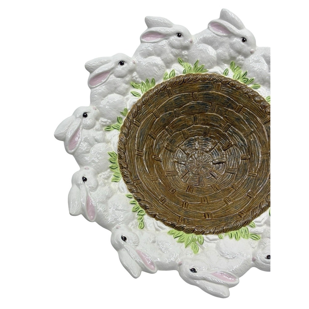 Easter Handpainted Ceramic Bunny Rabbit edge Basket Dish - Picture 3 of 9